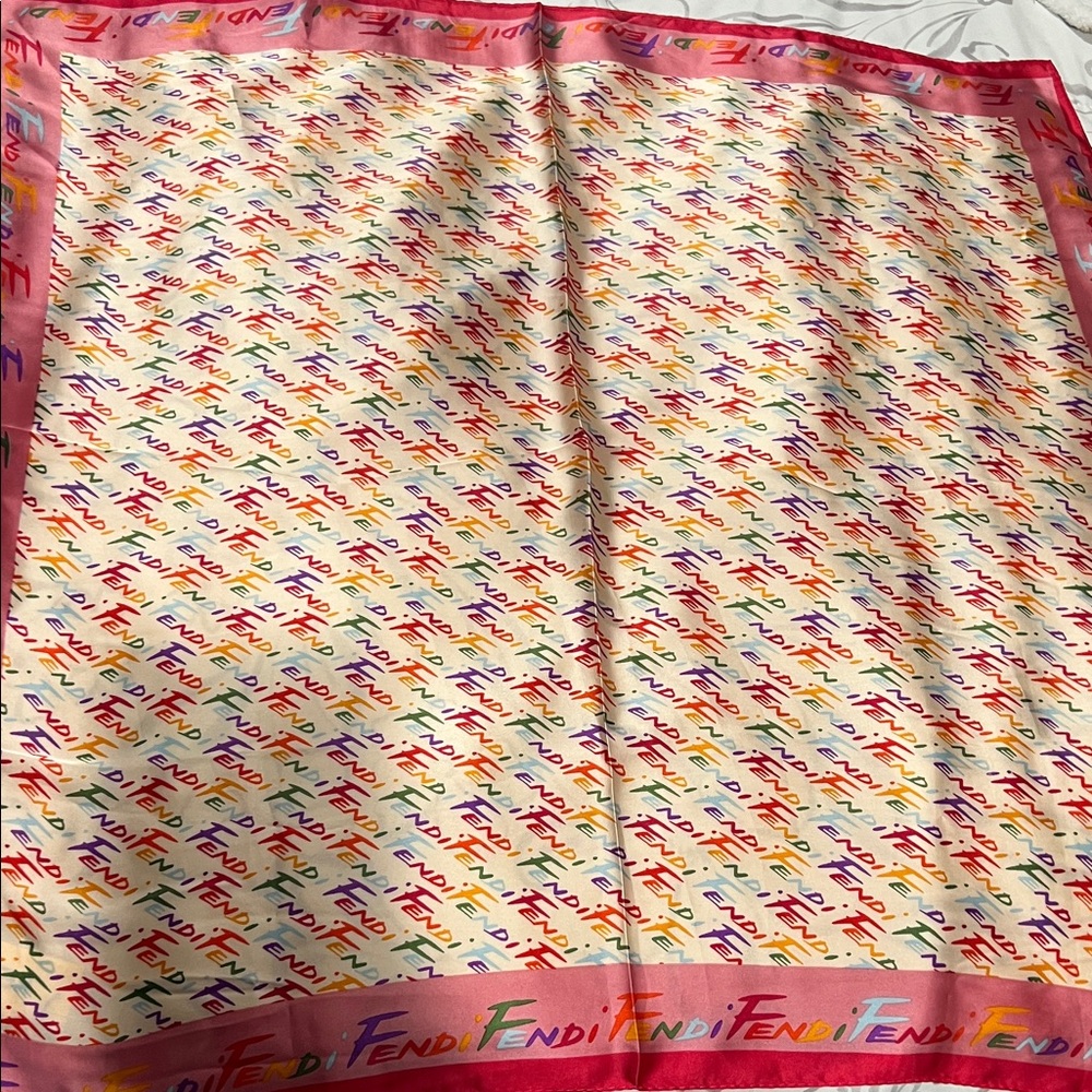 213. Designer Colorful Logo Silk Scarf. 27x27